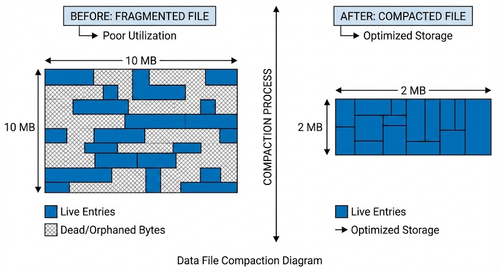 Data file compaction diagram — before: the file with live entries (solid) interspersed with dead/orphaned bytes (hatched), labeled "fragmented"; after: a tightly packed file with only live entries and a much smaller file size
