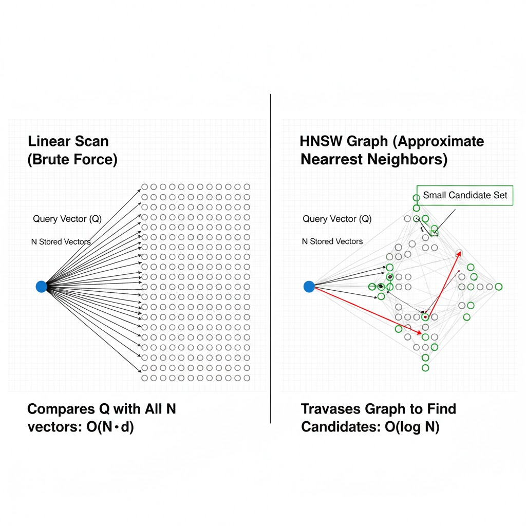 Linear scan illustration — a query point on the left, arrows fanning out to all N stored vectors, labeled O(N·d); contrasted with the HNSW graph on the right showing only the small candidate set explored during traversal