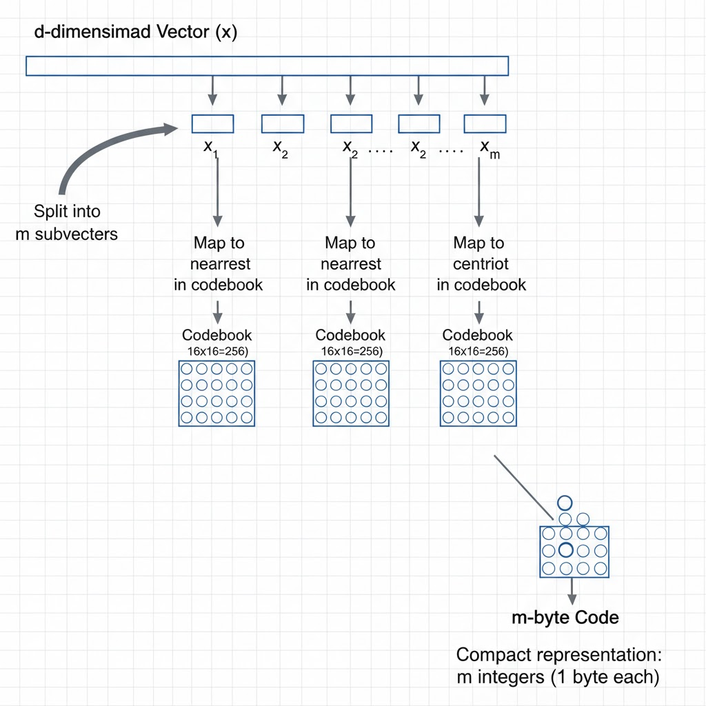 Product quantisation splits vectors into subvectors and encodes each subvector as a byte-sized centroid ID, enabling 32× compression with fast approximate distance via lookup tables.